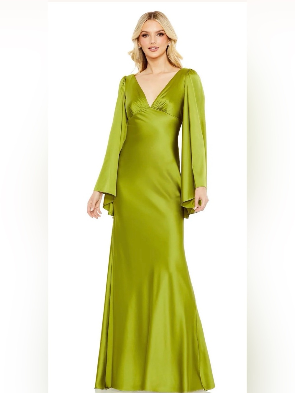 Mac Duggal Olive Satin V-Neck Evening Gown with Draped Long Sleeves